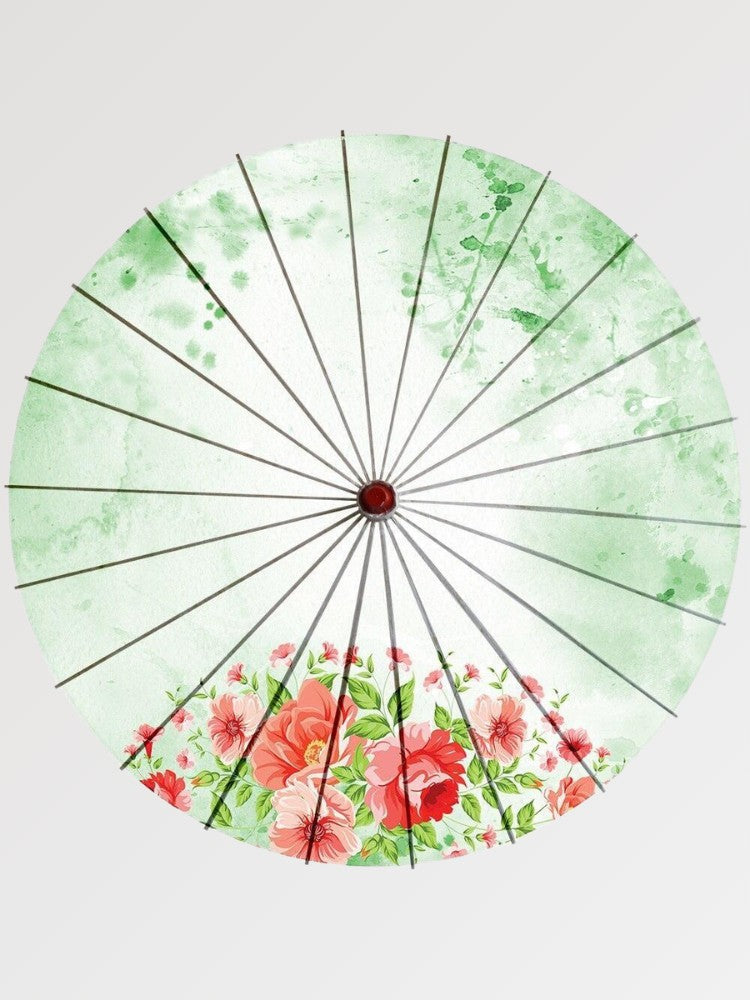 Paraguas japonés wagasa Midori verde tierno con ramo floral rosa sobre papel washi Ropa Japonesa