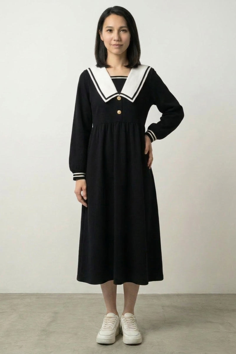 Vestido negro japonés Sashiko con gran cuello marinero blanco llevado estilo japonés mujer Ropa Japonesa