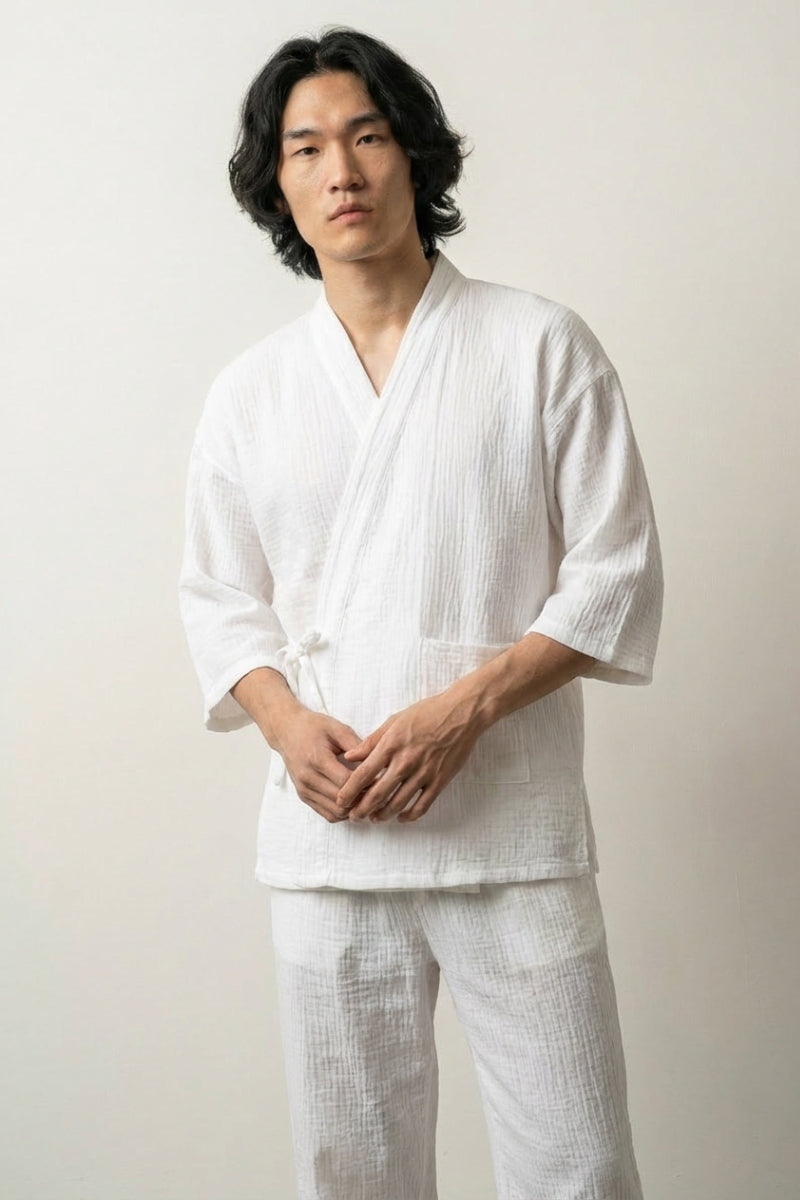 Jinbei beige Shiraha gasa algodón color natural pluma corte samue cruzado delante mangas tres cuartos pantalón tobillo estilo streetwear japonés Ropa Japonesa