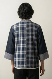 Kimono de cuadros hombre Seiya bicolor vista trasera cuadros escoceses marino algodón crudo streetwear japonés Ropa Japonesa