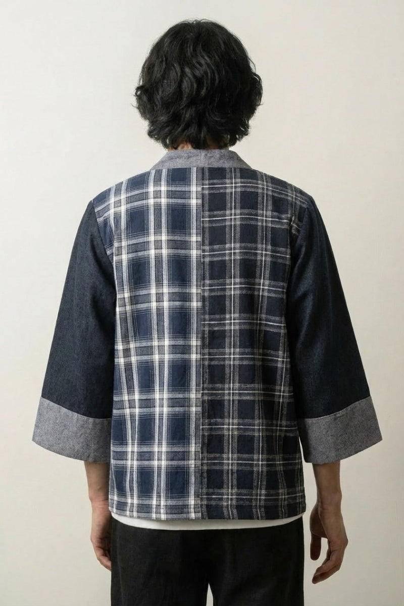 Kimono de cuadros hombre Seiya bicolor vista trasera cuadros escoceses marino algodón crudo streetwear japonés Ropa Japonesa