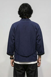 Kimono azul de hombre Yuudai marino vista trasera de algodón haori mangas tres cuartos streetwear japonés Ropa Japonesa