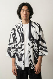 Kimono blanco y negro Edición Kaito con motivo de mármol fluido remolinos abstracto monocromo sumi-e de algodón corte haori mangas tres cuartos streetwear japonés Ropa Japonesa