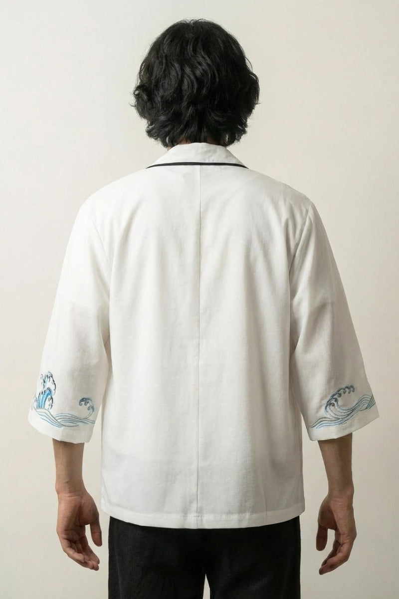 Chaqueta kimono blanca Kanagawa vista trasera de algodón lino con motivo de la ola de Hokusai bordado streetwear japonés Ropa Japonesa