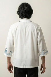 Chaqueta kimono blanca Kanagawa vista trasera de algodón lino con motivo de la ola de Hokusai bordado streetwear japonés Ropa Japonesa