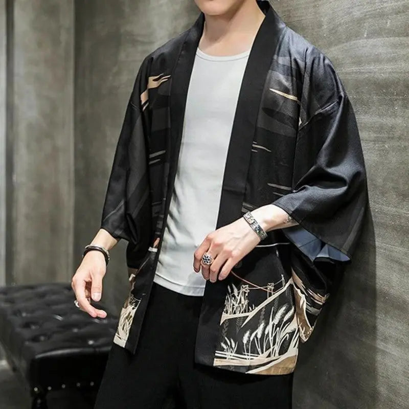 Cárdigan kimono para hombre con estampado Torii, emblemático de los templos japoneses