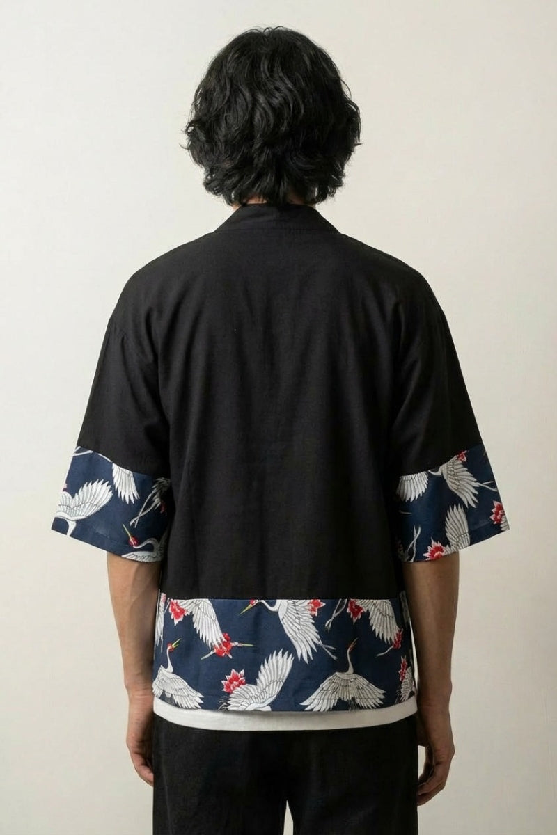 Cárdigan kimono hombre Hisashi negro vista trasera paneles con grullas tsuru streetwear japonés Ropa Japonesa