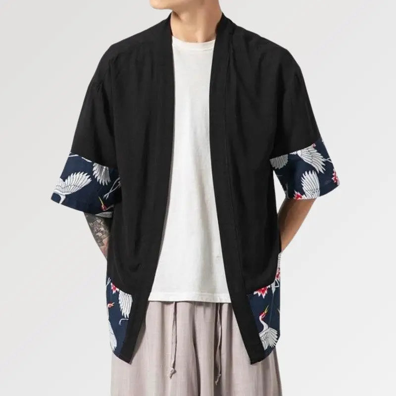 Precioso cárdigan kimono para hombre con estampado de grullas coronadas