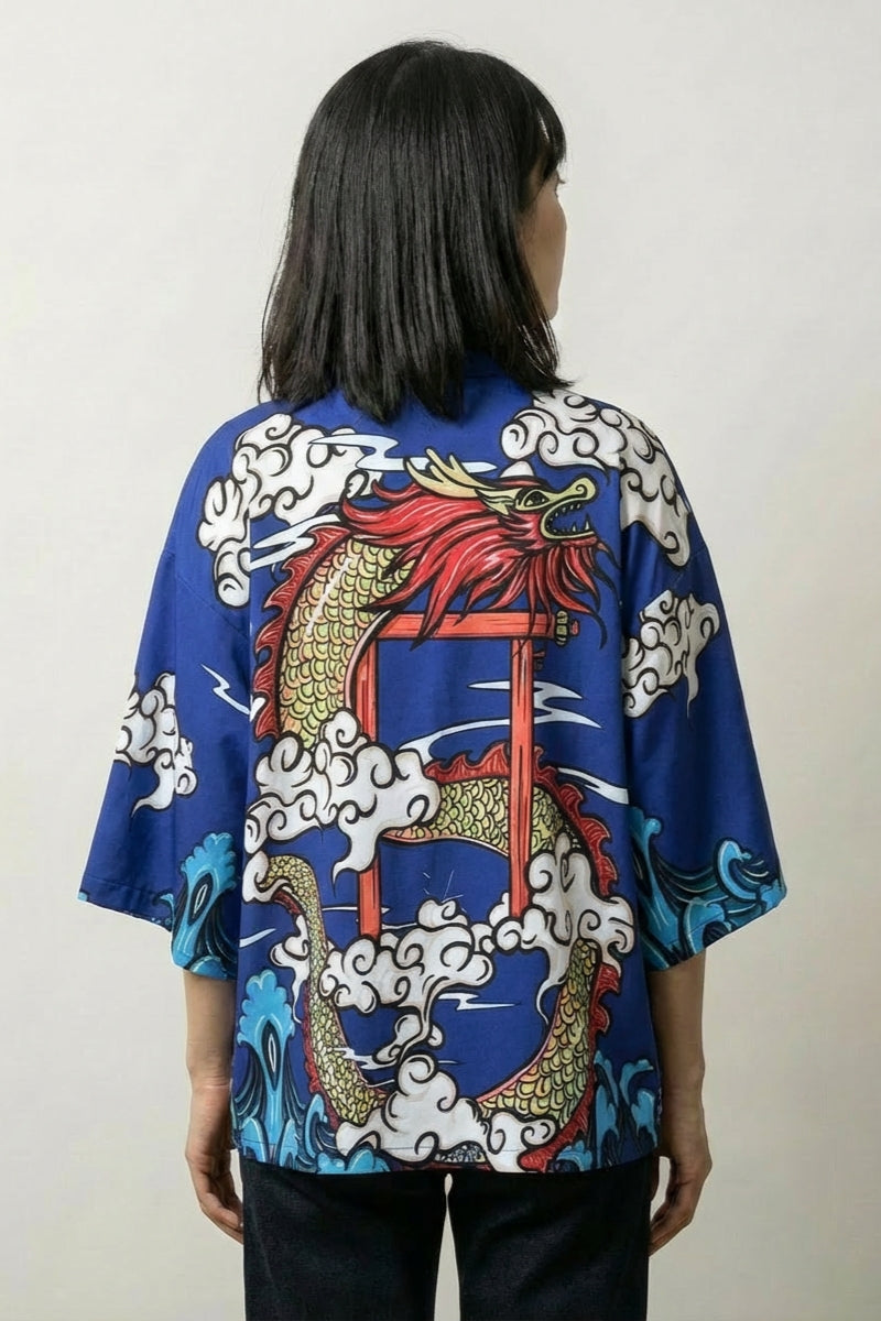Kimono Cárdigan Mujer Saori azul vista trasera dragón ryu torii streetwear japonés Ropa Japonesa