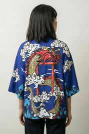 Kimono Cárdigan Mujer Saori azul vista trasera dragón ryu torii streetwear japonés Ropa Japonesa