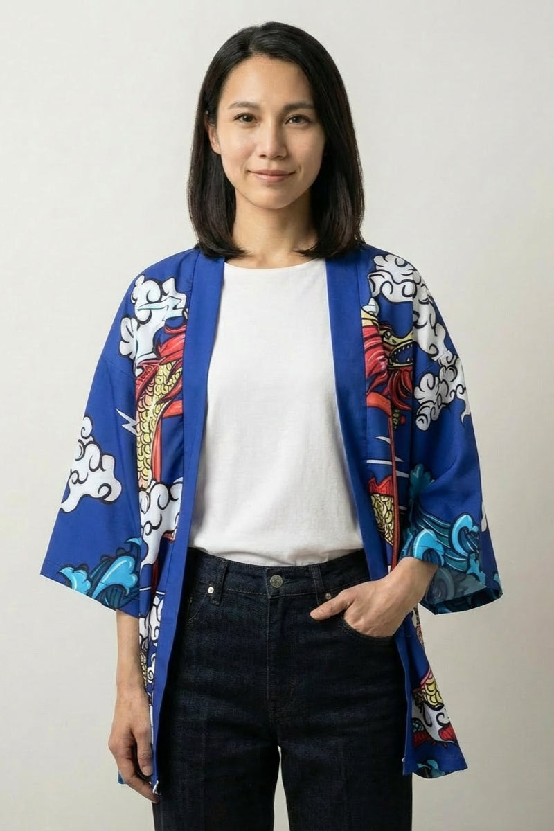 Kimono Cárdigan Mujer Saori azul estampado dragón ryu torii rojo olas carpa koi mangas tres cuartos streetwear japonés Ropa Japonesa