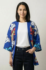 Kimono Cárdigan Mujer Saori azul estampado dragón ryu torii rojo olas carpa koi mangas tres cuartos streetwear japonés Ropa Japonesa
