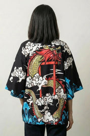Kimono Cárdigan Mujer Saori negro vista trasera dragón ryu torii streetwear japonés Ropa Japonesa