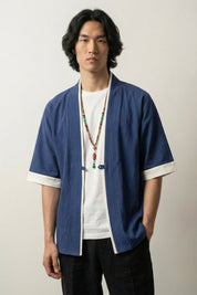 Chaqueta de kimono hombre Blue Hideki azul marino de algodón con ribete blanco mangas cortas cuello en V estilo streetwear japonés Ropa Japonesa