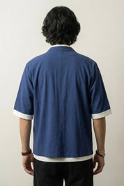 Chaqueta de kimono hombre Blue Hideki azul marino vista trasera de algodón mangas cortas streetwear japonés Ropa Japonesa