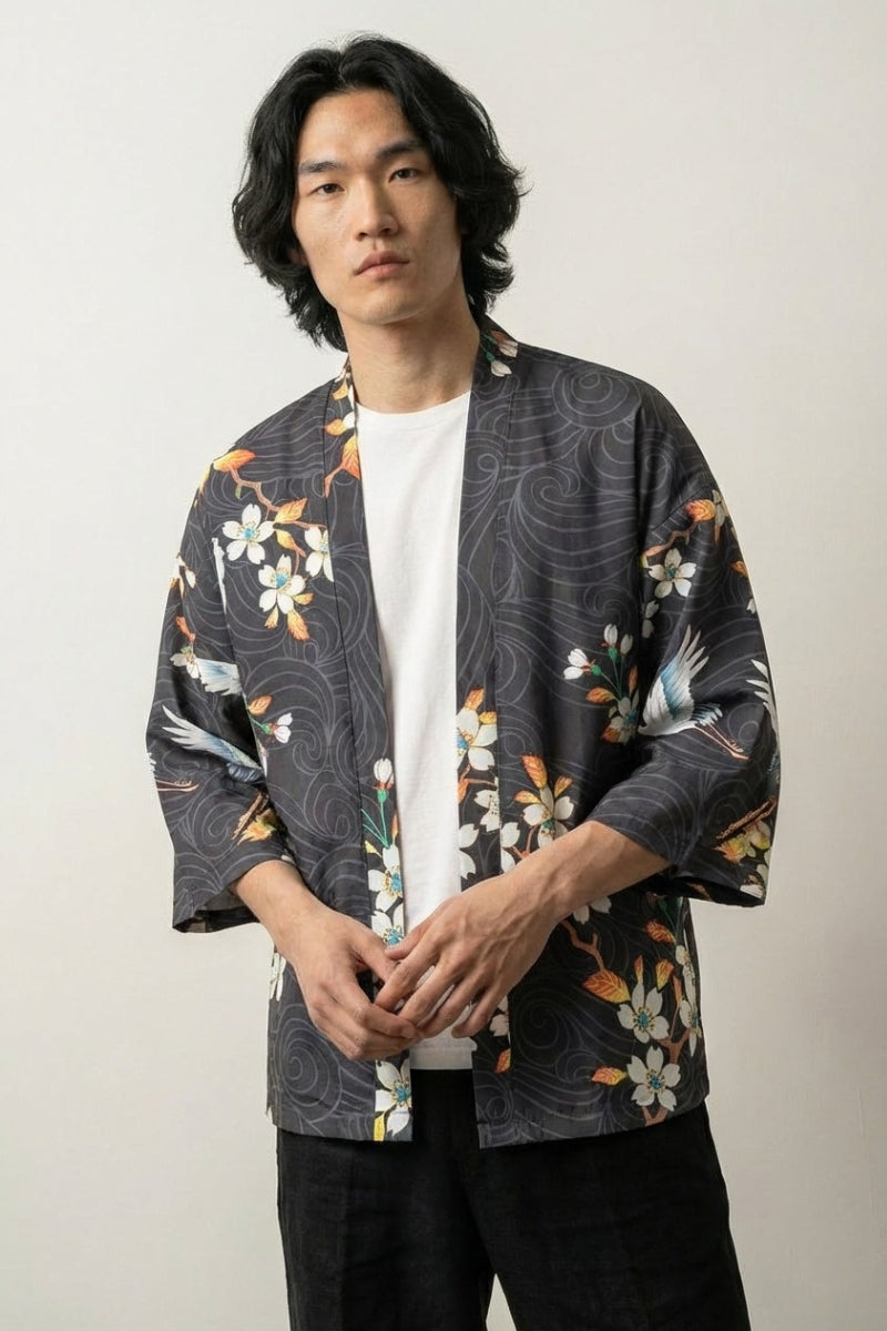 Kimono de verano para hombre Edición Kaito con motivo de grulla tsuru blanca sol rojo hinomaru flores sakura sobre fondo marino olas de algodón corte haori mangas tres cuartos streetwear japonés Ropa Japonesa