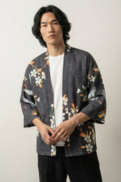 Kimono de verano para hombre Edición Kaito con motivo de grulla tsuru blanca sol rojo hinomaru flores sakura sobre fondo marino olas de algodón corte haori mangas tres cuartos streetwear japonés Ropa Japonesa