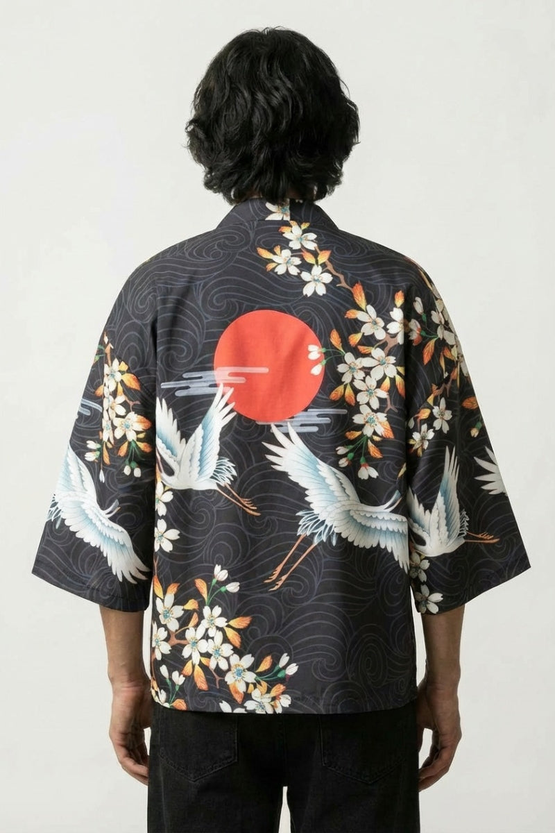 Kimono de verano para hombre Edición Kaito vista trasera con motivo de grulla tsuru sol hinomaru sakura marino de algodón mangas tres cuartos streetwear japonés Ropa Japonesa