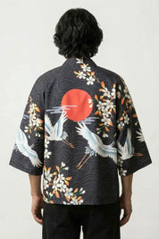 Kimono de verano para hombre Edición Kaito vista trasera con motivo de grulla tsuru sol hinomaru sakura marino de algodón mangas tres cuartos streetwear japonés Ropa Japonesa