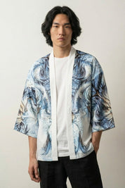 Kimono de dragón para hombre Edición Kaito con motivo de dragón ryu ilustración ukiyo-e azul sobre fondo blanco de algodón corte haori mangas tres cuartos streetwear japonés Ropa Japonesa