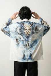 Kimono de dragón para hombre Edición Kaito vista trasera con motivo de dragón ryu ilustración ukiyo-e azul blanco de algodón mangas tres cuartos streetwear japonés Ropa Japonesa