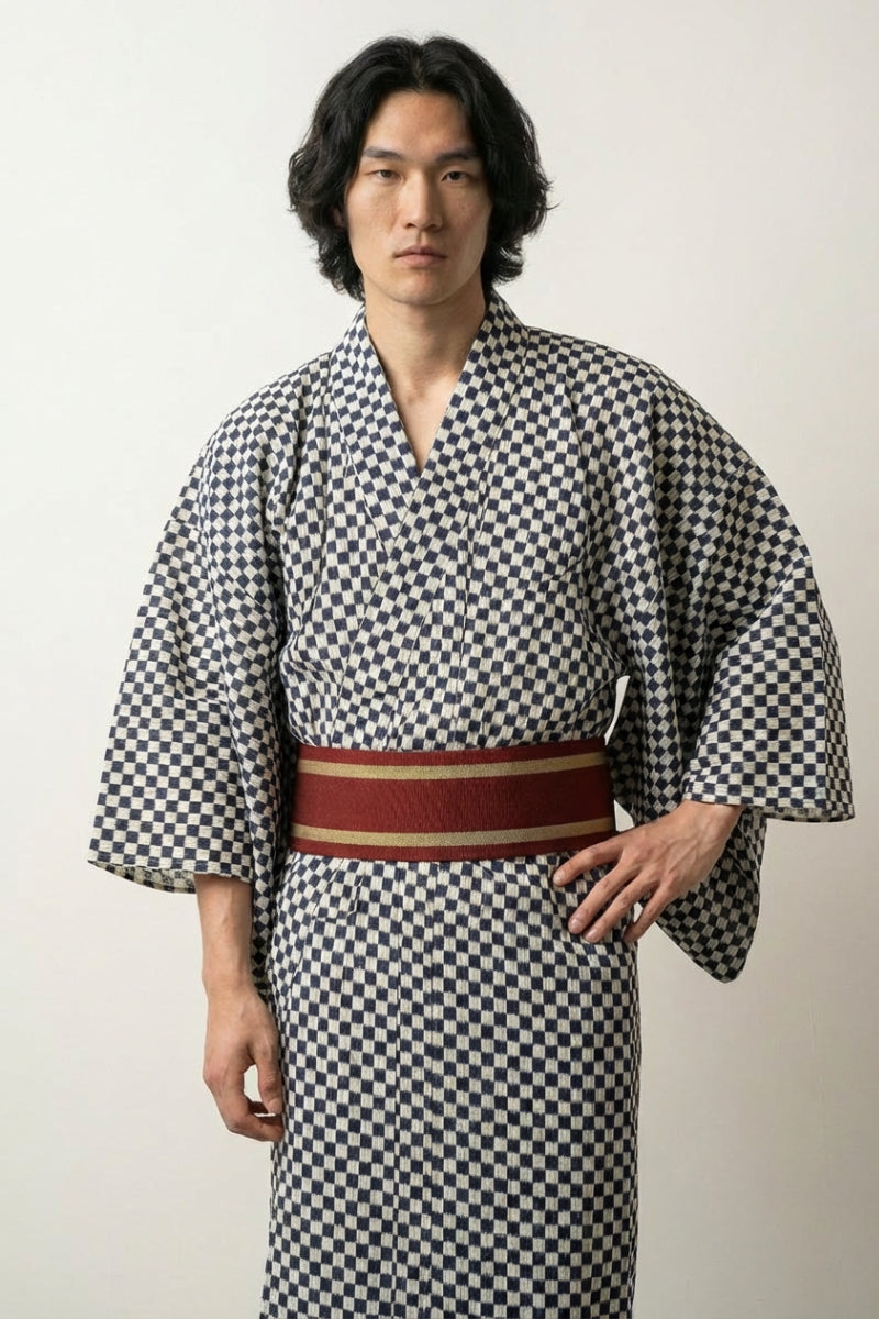 Kimono hombre París Tokio damero ichimatsu micro marino blanco cálido algodón obi bicolor burdeos beige oro estilo streetwear japonés Ropa Japonesa