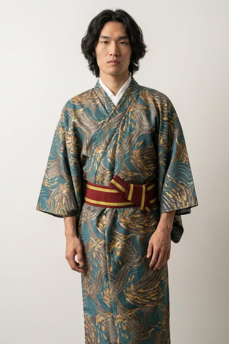 Kimono hō-ō hombre Koniya teal profundo motivos cobre bruñido oro plumas satén obi tricolor burdeos rojo oro mangas anchas estilo streetwear japonés Ropa Japonesa