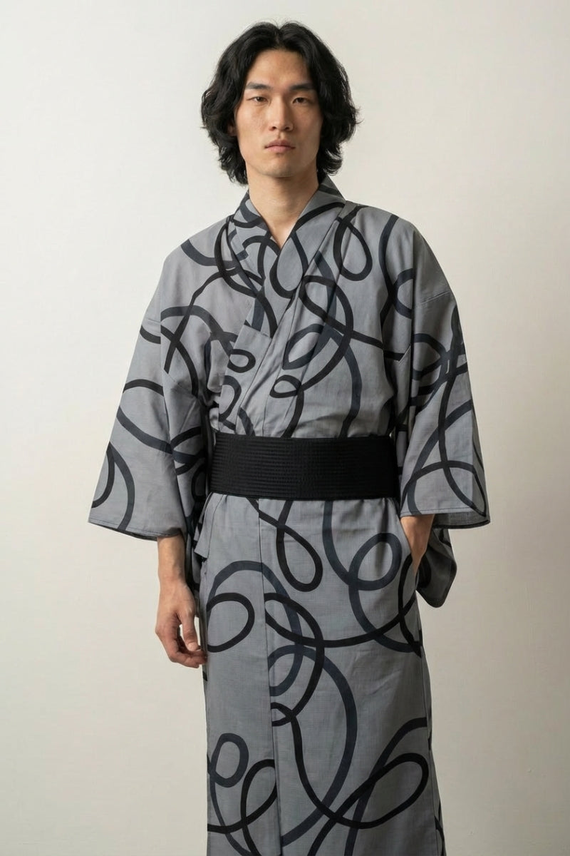 Kimono japonés antiguo Fudegaki gris trazos pincel caligrafía sumi-e negro algodón obi negro mangas anchas estilo streetwear japonés Ropa Japonesa