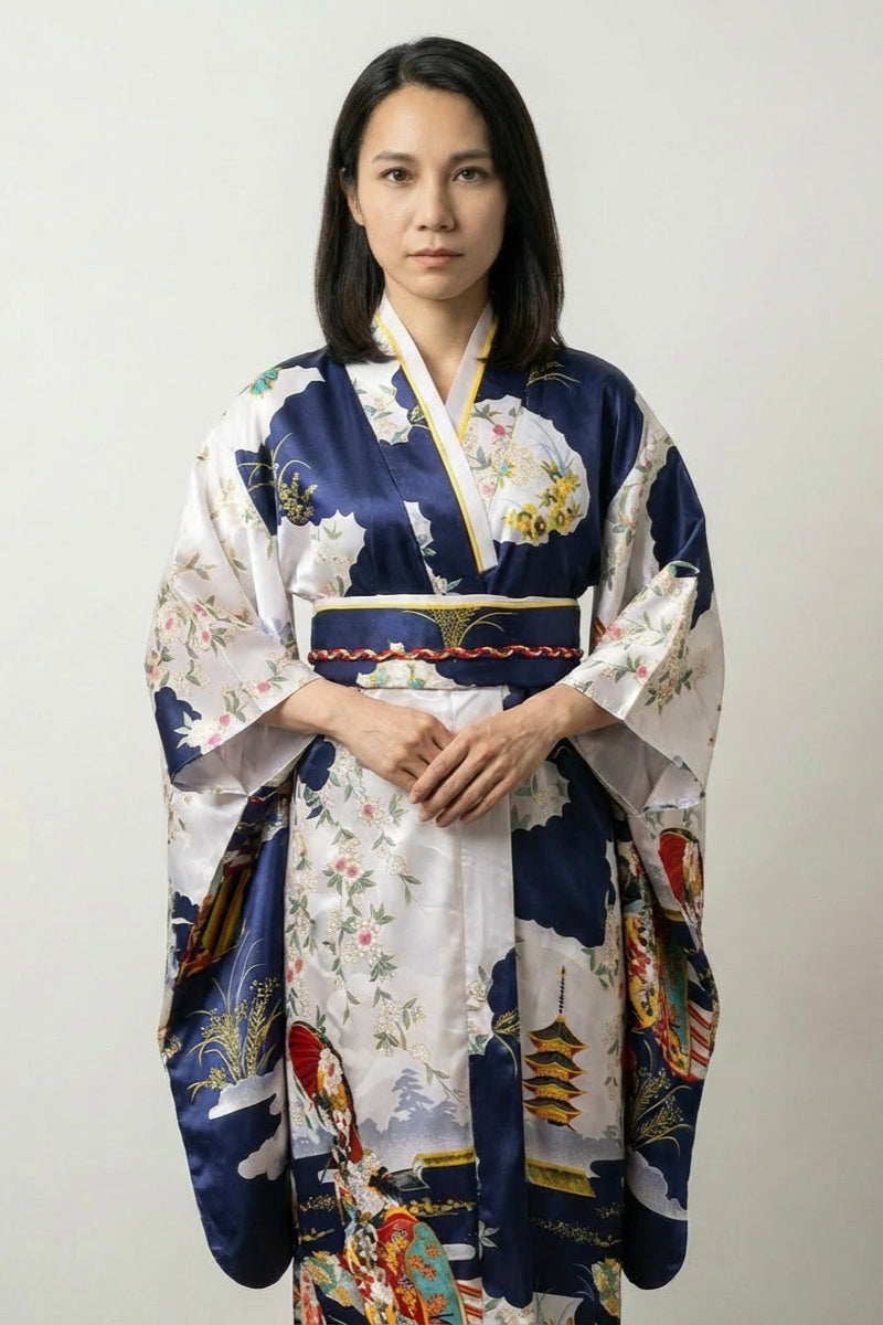 Kimono japonés azul marino Edoko satinado escenas ukiyo-e pagodas geishas paneles nubosos blancos Edo obi ribete rojo estilo streetwear japonés Ropa Japonesa