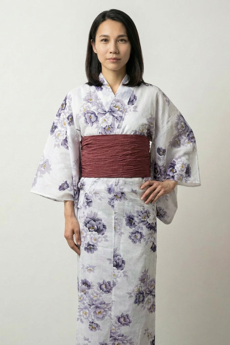 Kimono japonés blanco Botanko motivo peonía botan lavanda gris centros dorados obi burdeos algodón talla única estilo streetwear japonés Ropa Japonesa