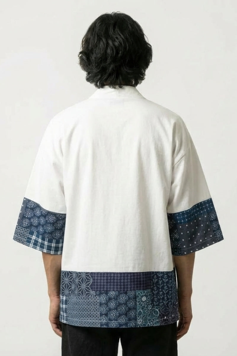 Chaqueta kimono japonesa hombre Mitsuo blanca vista trasera paneles con motivos tradicionales asanoha seigaiha streetwear japonés Ropa Japonesa