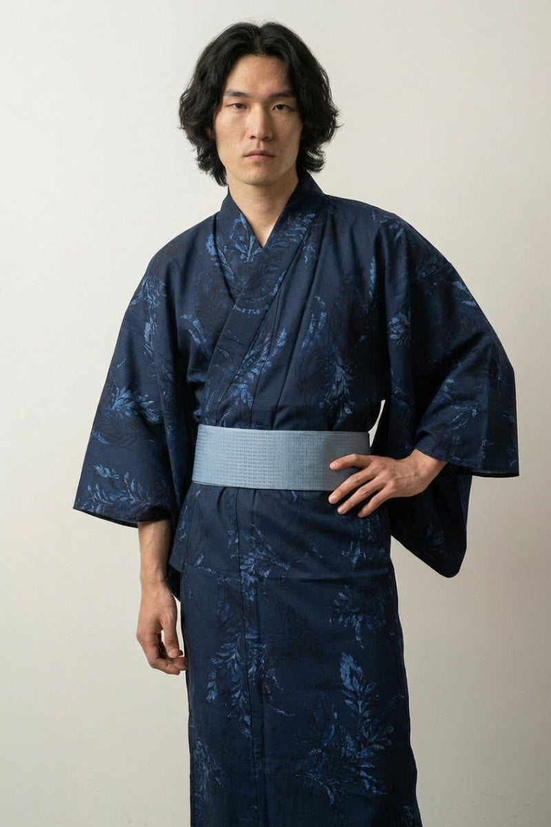 Kimono japonés hombre Aionami índigo marino ai-zome motivo botánico turquesa tono sobre tono algodón obi gris azul mangas anchas estilo streetwear japonés Ropa Japonesa