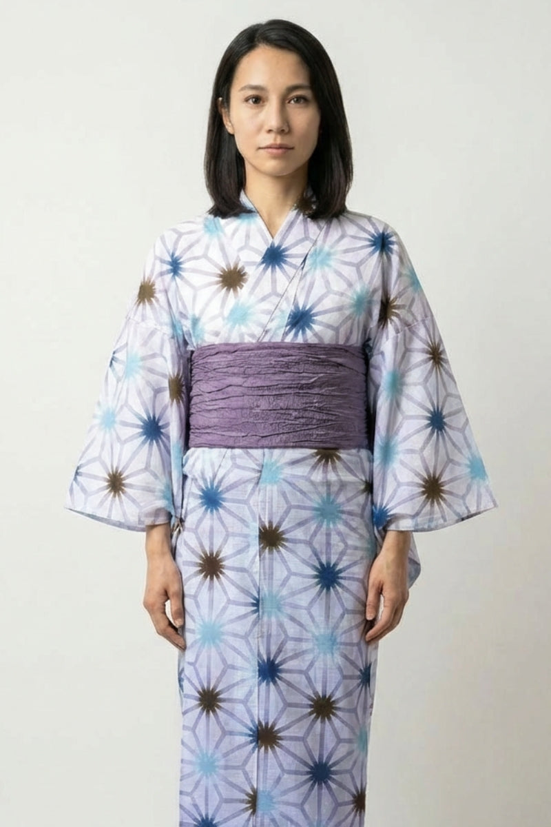 Kimono japonés largo mujer Yukika blanco motivo asanoha estrella seis puntas turquesa índigo marrón obi violeta algodón talla única Ropa Japonesa