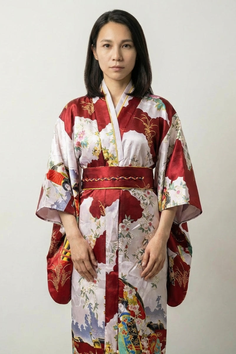 Kimono japonés largo rojo Akihana burdeos satinado paneles bicolores escenas ukiyo-e geishas sombrillas sakura festival obi ribete dorado estilo streetwear japonés Ropa Japonesa