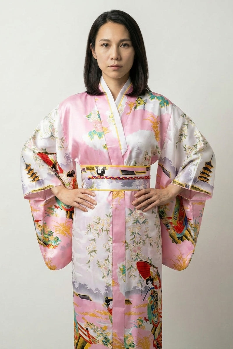Kimono japonés mujer rosa Edoyume satinado escenas ukiyo-e Edo geishas pagodas sakura acentos dorados obi talla única estilo streetwear japonés Ropa Japonesa