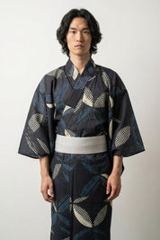 Kimono japonés para hombre Ichihane antracita motivo ichimatsu damero hojas negro marfil cobalto algodón obi gris mangas anchas estilo streetwear japonés Ropa Japonesa