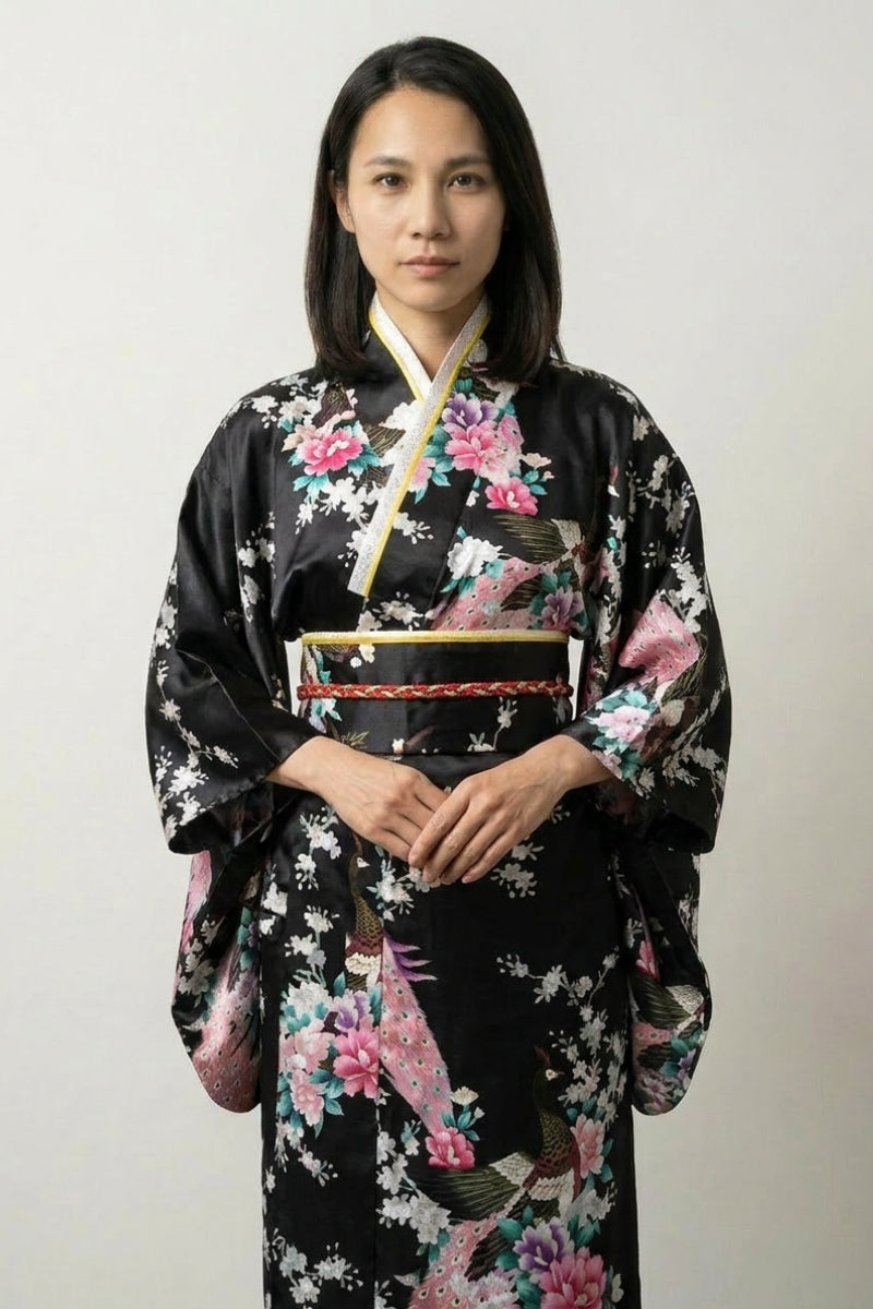 Kimono japonés pavo real negro Yoruka satinado pavos reales peonías rosas sakura blanco follaje plateado obi ribete rojo estilo streetwear japonés Ropa Japonesa