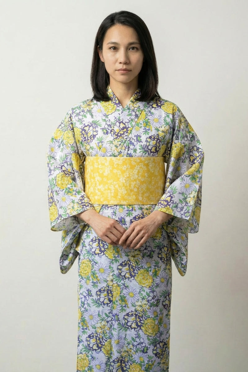 Kimono japonés tradicional mujer Yamabuki lavanda motivo floral kerria amarillo violeta obi oro algodón primavera talla única Ropa Japonesa