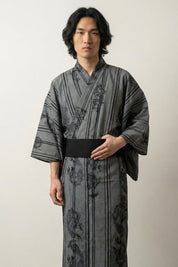 Kimono japonés vintage Ryuchiku gris dragones ryu bambú take rayas verticales tinta negra algodón obi negro mangas anchas estilo streetwear japonés Ropa Japonesa