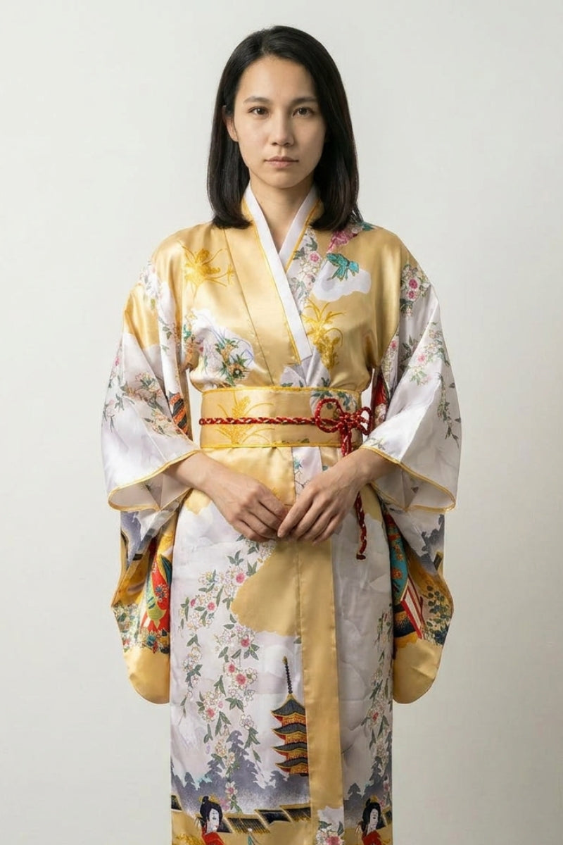 Kimono largo oro Kogane satinado dorado escenas ukiyo-e pagodas geishas sakura paneles nubosos blancos obi ribete rojo estilo streetwear japonés Ropa Japonesa