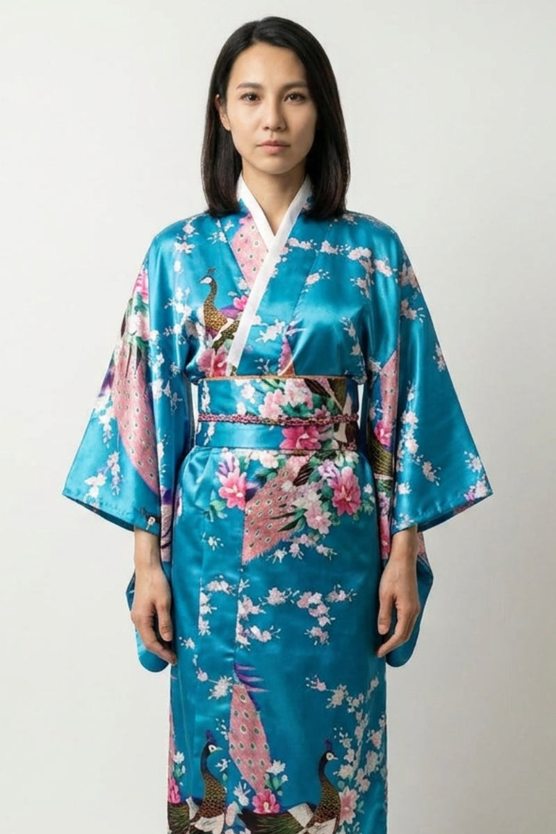 Kimono largo pavo real turquesa Mizuha satinado pavos reales peonías rosas sakura blanco acentos oro rosa obi talla única estilo streetwear japonés Ropa Japonesa