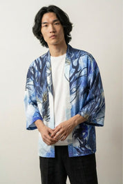 Kimono ligero Edición Kaito con motivo de dragón ryu azul sobre fondo claro estrellado de algodón ligero transpirable corte haori mangas tres cuartos streetwear japonés Ropa Japonesa