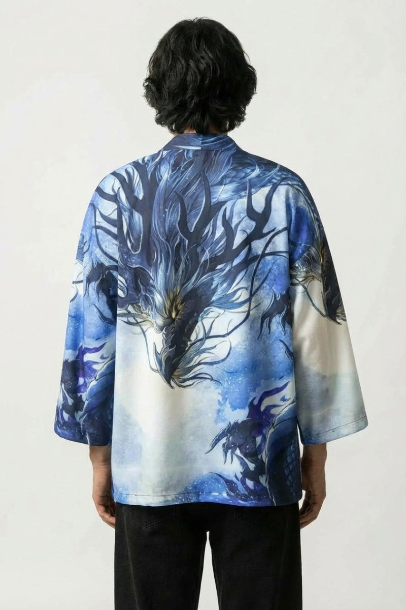 Kimono ligero Edición Kaito vista trasera con motivo de dragón ryu azul estrellado de algodón ligero mangas tres cuartos streetwear japonés Ropa Japonesa