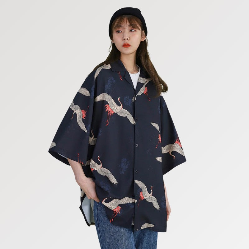Chaqueta larga kimono para mujer con motivos de grullas japonesas