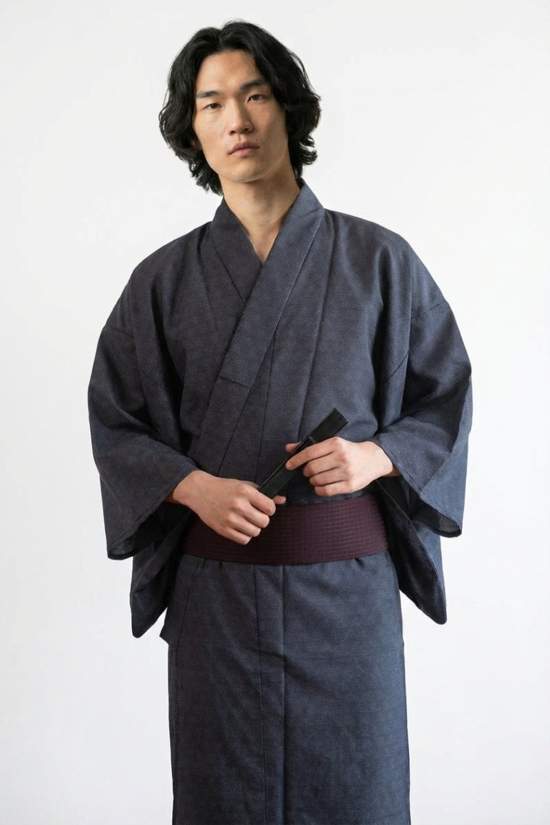 Kimono minimalista hombre Mujiiro índigo azul gris liso sin motivo tejido jaspeado ma estética algodón obi burdeos mangas anchas estilo streetwear japonés Ropa Japonesa