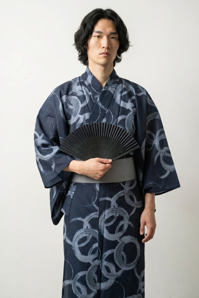 Kimono moderno hombre Ensogawa azul marino círculos enso zen caligráficos gris algodón obi gris pizarra mangas anchas estilo streetwear japonés Ropa Japonesa