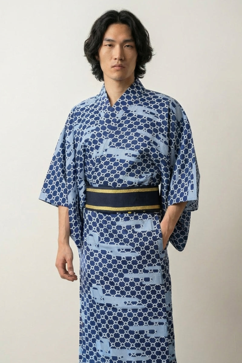 Kimono motivo japonés Ikkamari azul hielo enrejado denso círculos rombos marino poliéster obi bicolor marino oro estilo streetwear japonés Ropa Japonesa