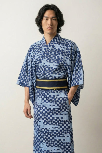 Kimono Motivo Japonés 'Ikkamari' Azul Enrejado