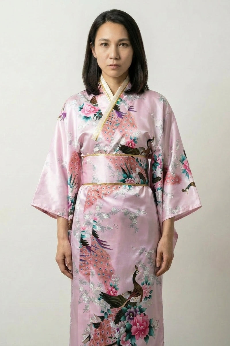 Kimono mujer rosa pavo real Hanami satinado rosa tierno pavos reales peonías rosas sakura plumaje oro verde obi talla única estilo streetwear japonés Ropa Japonesa