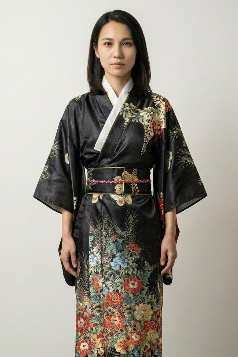 Kimono negro floral Botanya satinado peonía crisantemo glicina multicolor rojo azul verde oro panel yuzen obi ribete rojo estilo streetwear japonés Ropa Japonesa